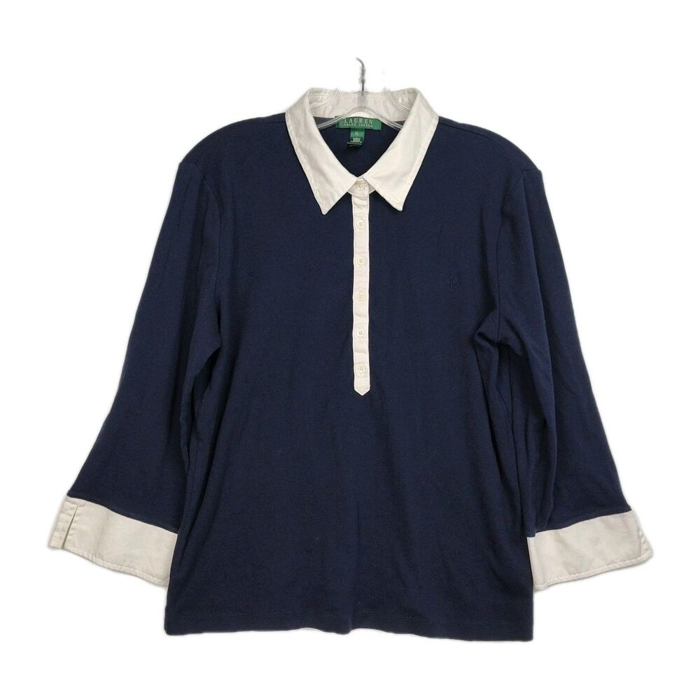 Lauren Ralph Lauren Sweater Women's XL Navy 1/4-Button Collared‎ Lightweight